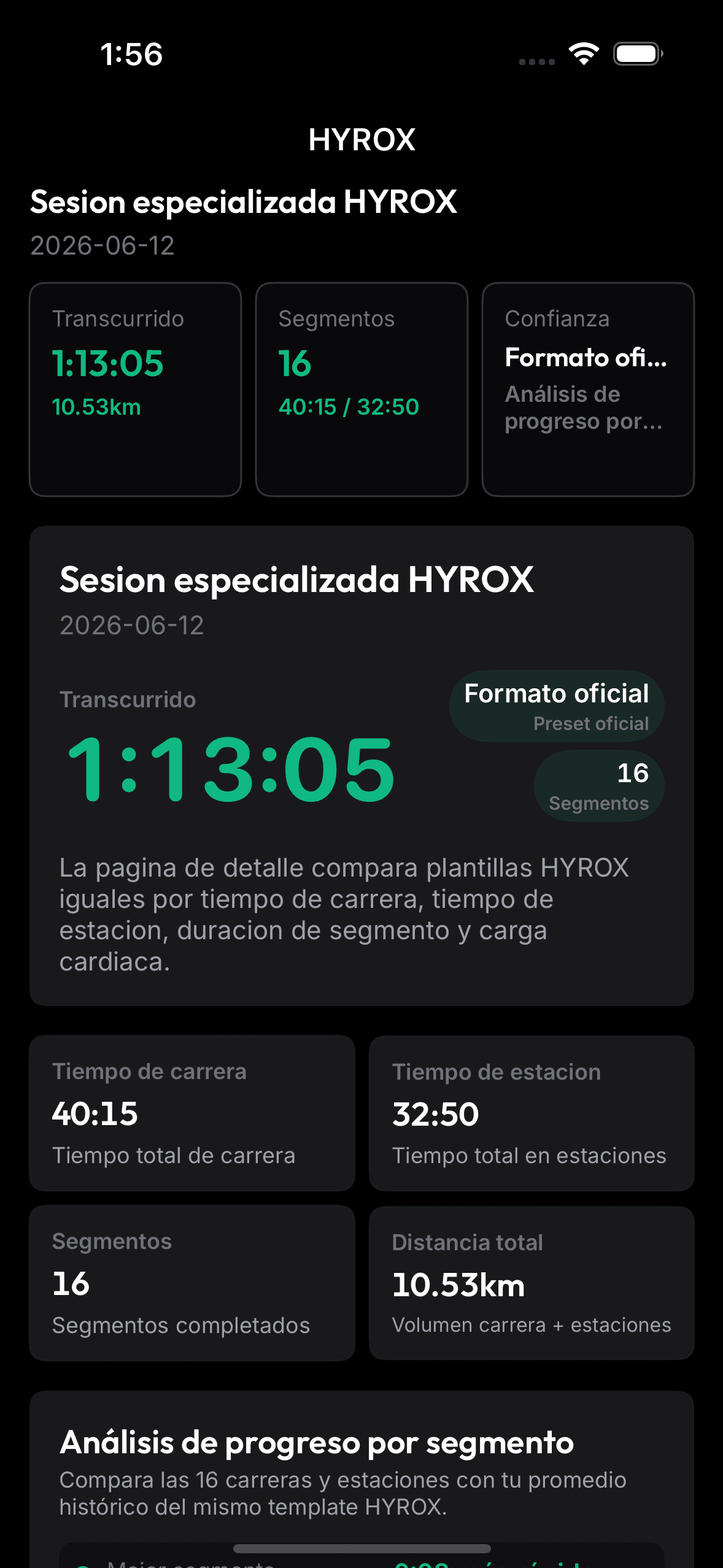 Pantalla real de sesión especializada HYROX en OnRep.