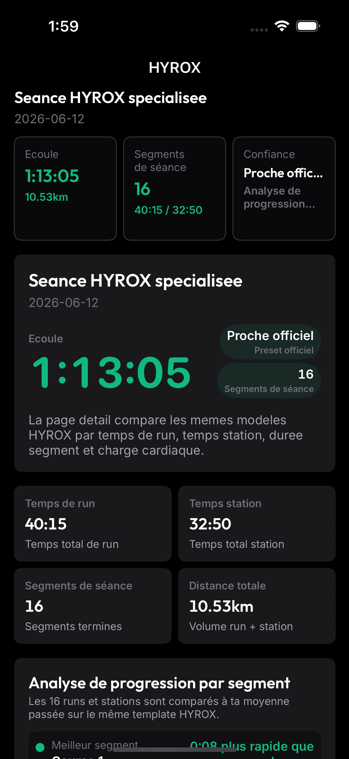 Écran réel de session HYROX spécialisée dans OnRep.