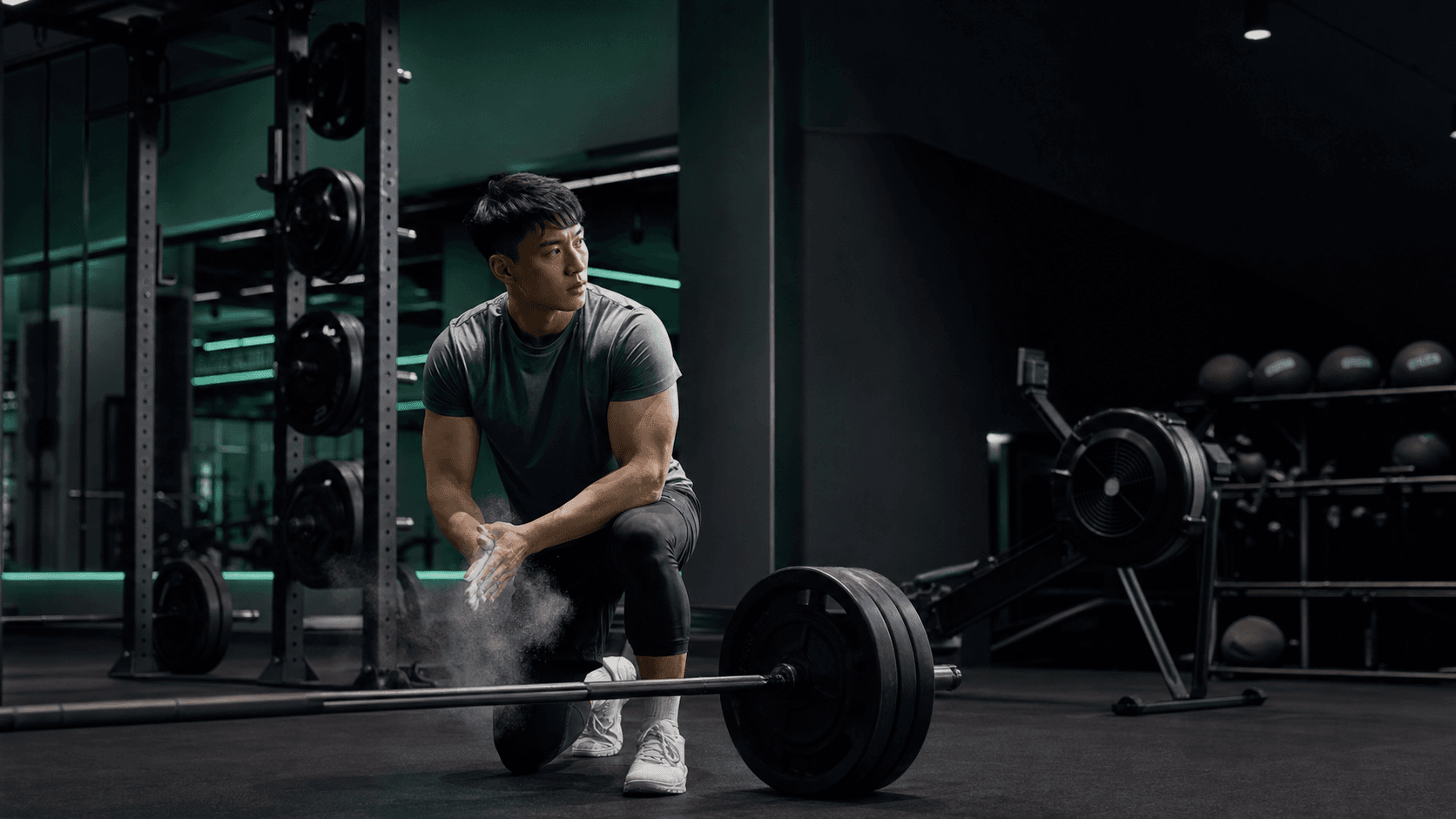 Athlete preparing for a barbell set in a dark modern gym with conditioning equipment.