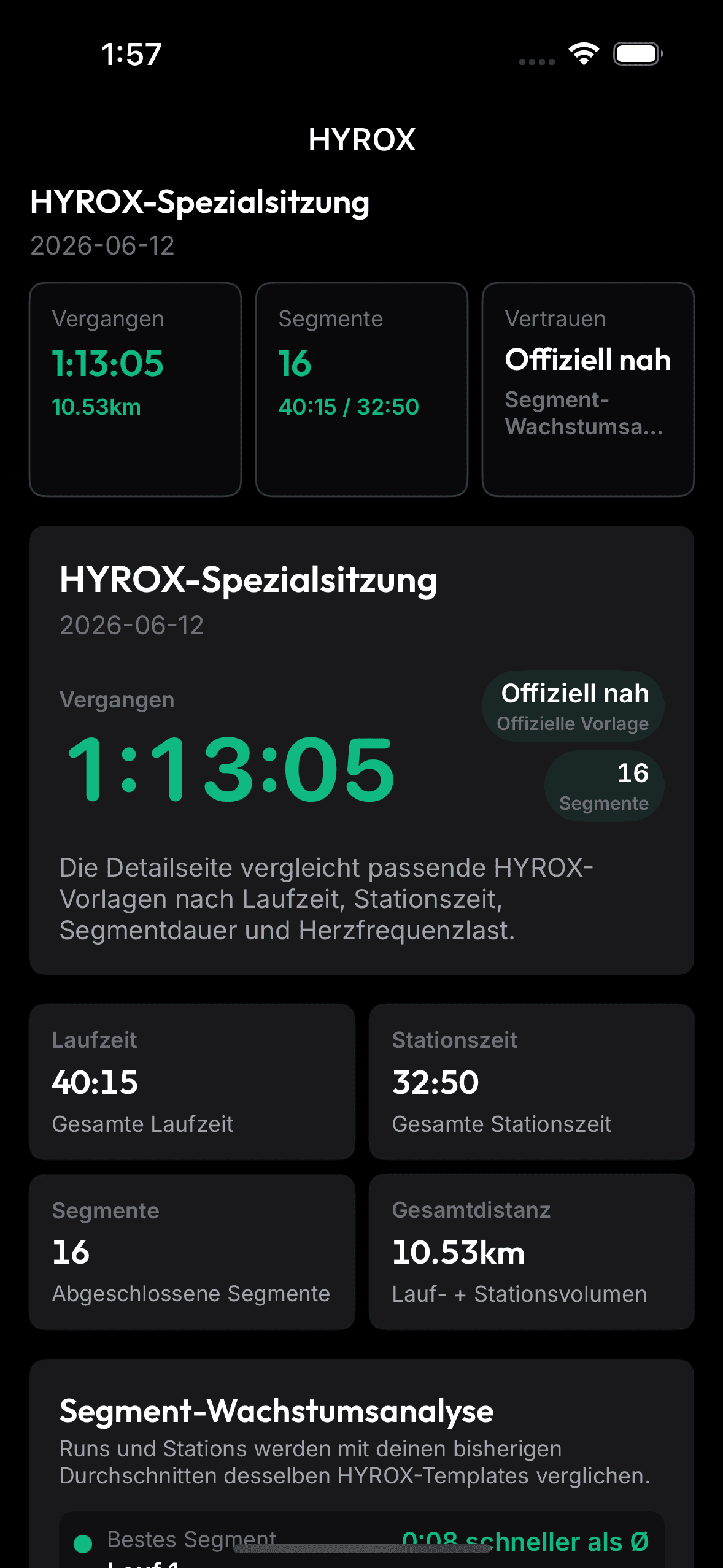 Echter OnRep-Screen für eine spezialisierte HYROX-Session.