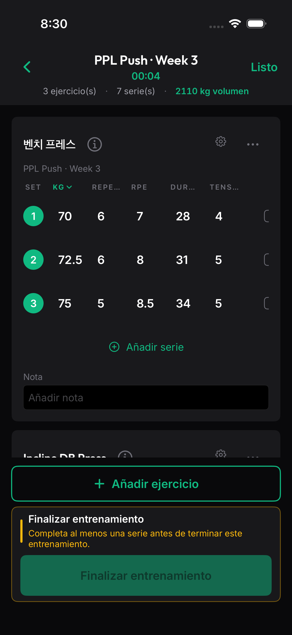 Pantalla real de registro de entrenamientos de OnRep